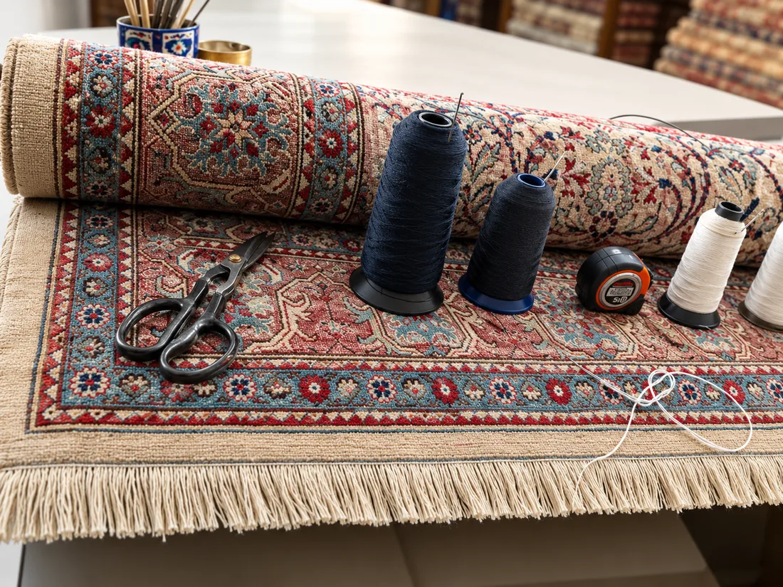 Persian carpet restoration work showing stitching fringes